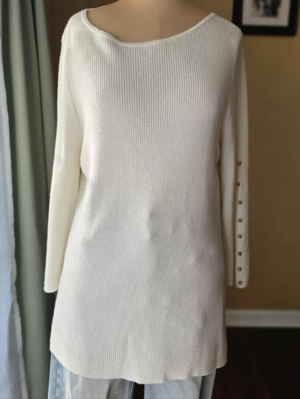 Chico's White Bell Sleeve Gold Button Detail Boatneck Sweater Size S "Old Money"